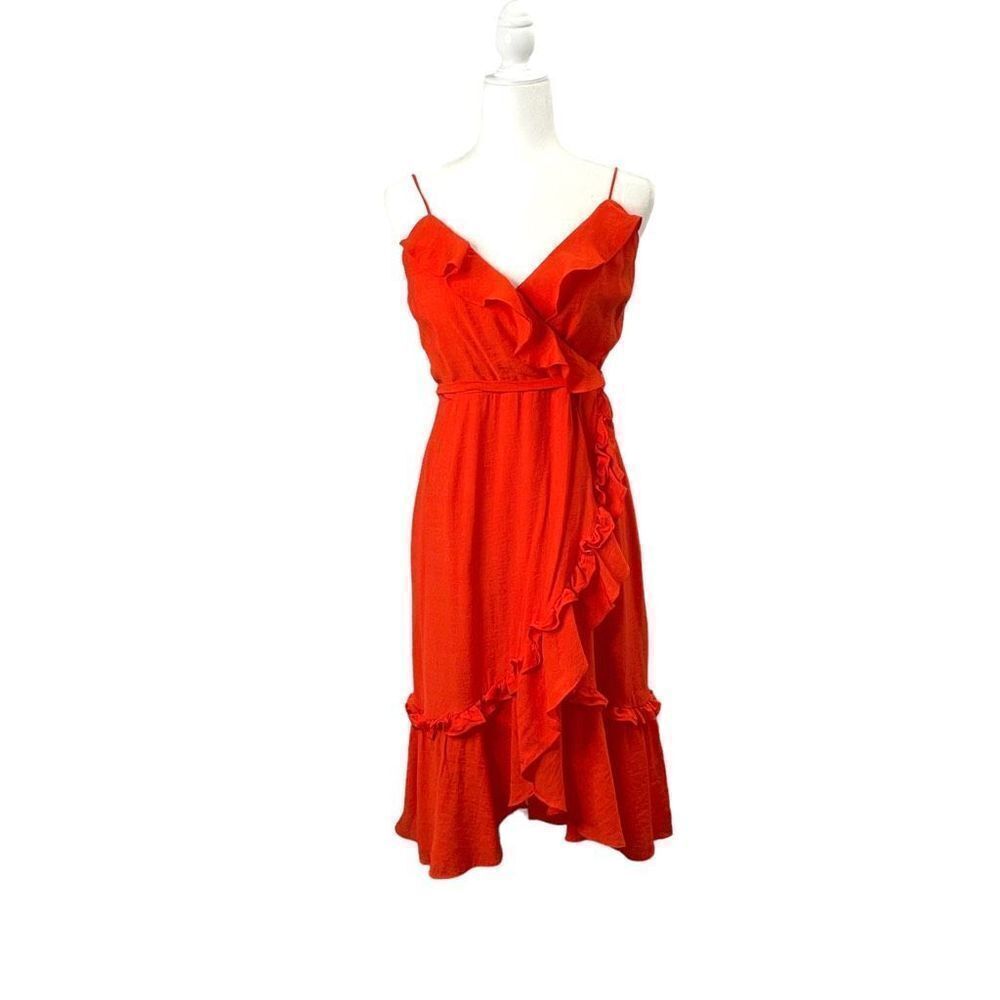 Bardot Zoe Wrap ruffle midi Dress In Flame Red‎ Size L - Picture 6 of 9